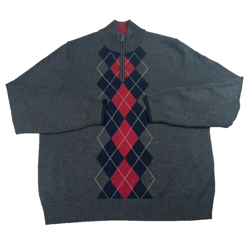 Brooks Brother Sweater Men M Gray Red 100% Merino Wool Half Zip Argyle Mock Neck - Picture 2 of 8